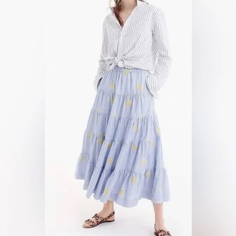 NWT J. Crew Embroidered Pineapple tiered Striped Maxi Skirt Elastic Waist
